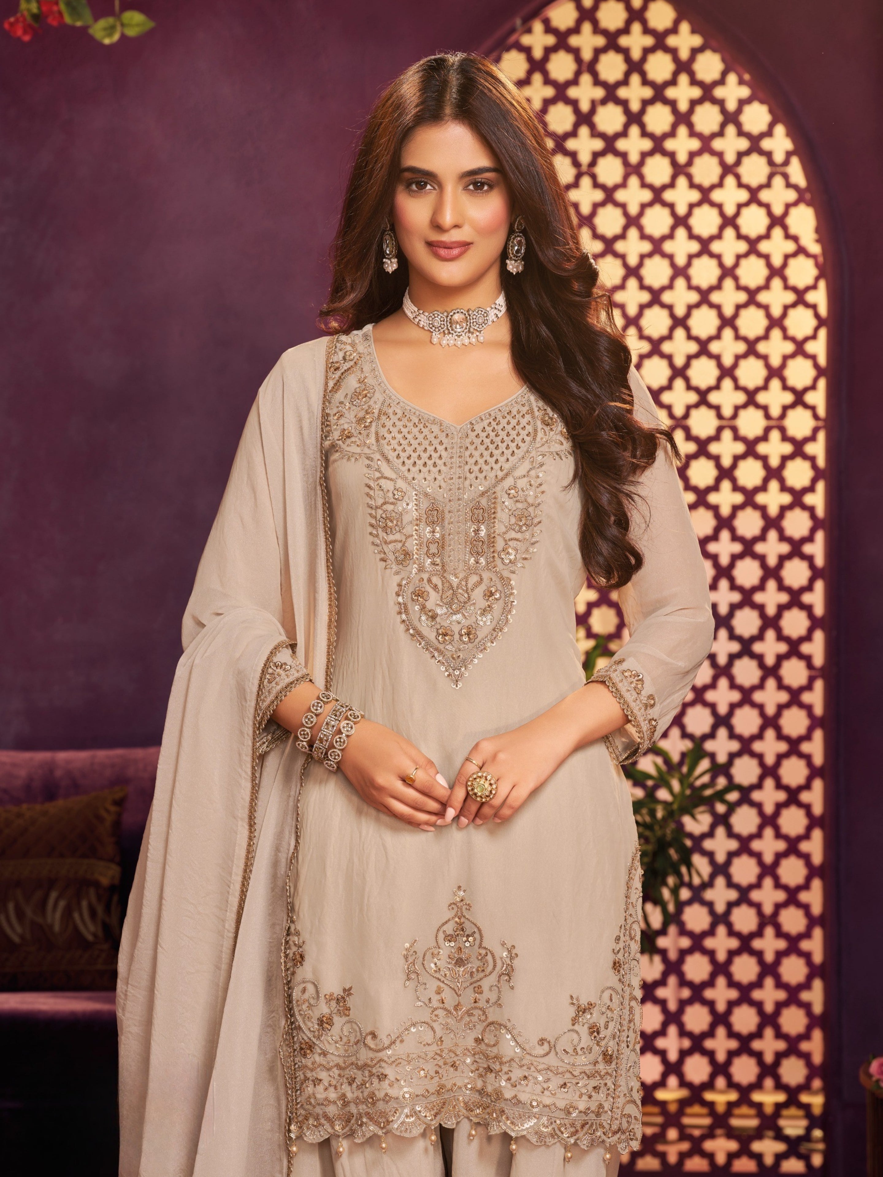 Chiku Tissue Suit, Farshi Salwar And Dupatta with Cutdana, Sequins and Zari Work